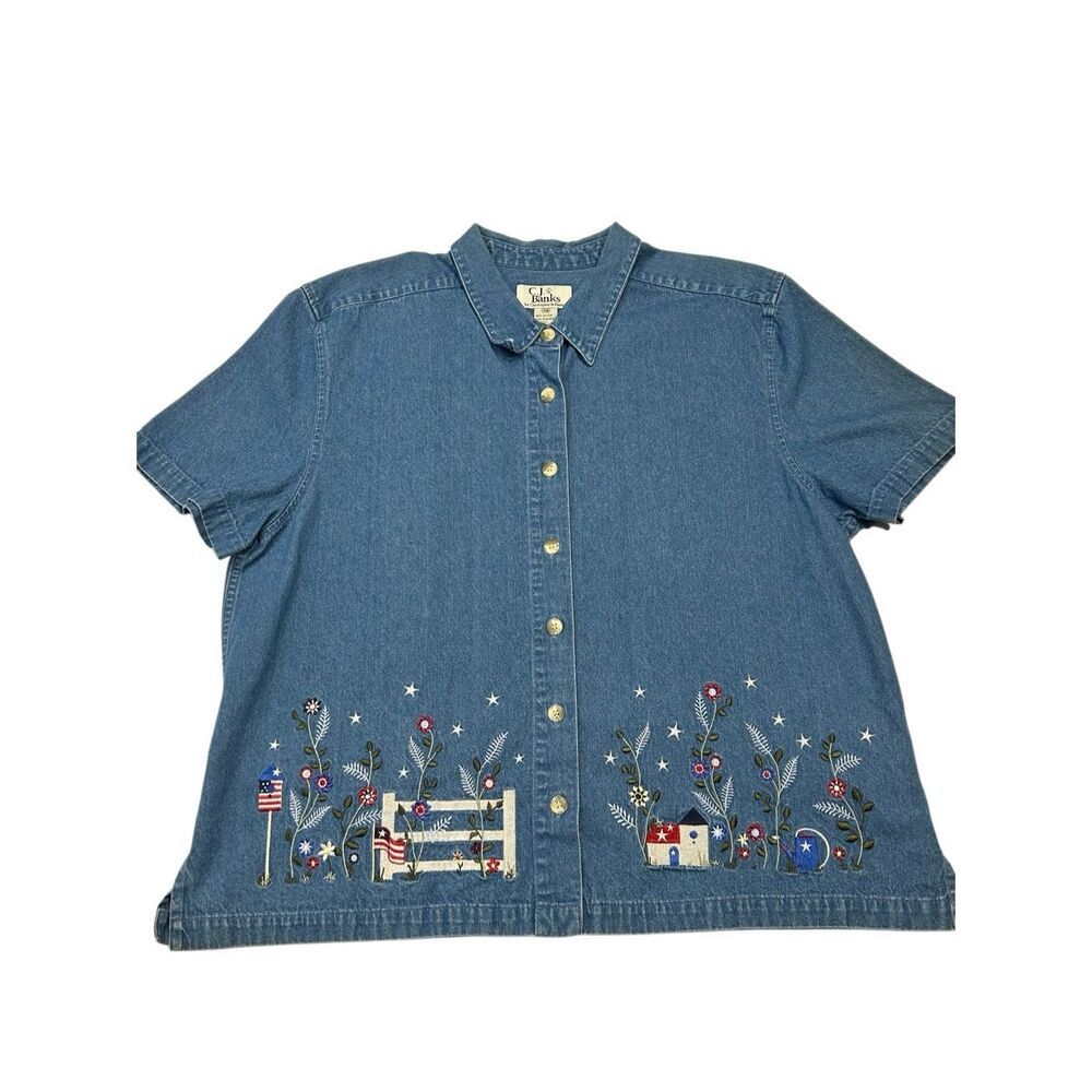 Vintage CJ Banks Denim Shirt Size 18W Patriotic Americana Embroidered Short Slee